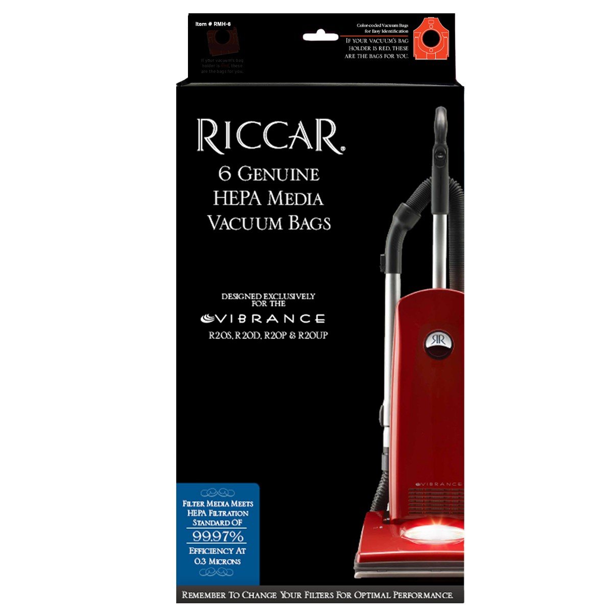 Riccar Genuine HEPA Media Bags for Vibrance Upright Models R20S, R20D, R20P, R20UP (Pack of 6)