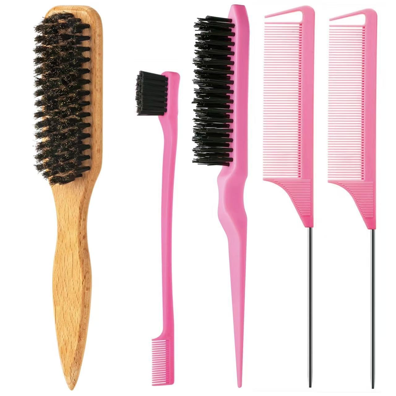 ZVOREI 5pcs Boar Bristle Slick Back Hair Brush,Double Sided Edge Control Brush,Metal Pin Rat Tail Combs,Bristle Teasing Hair Brush,Woman Girl hair Styling Pink