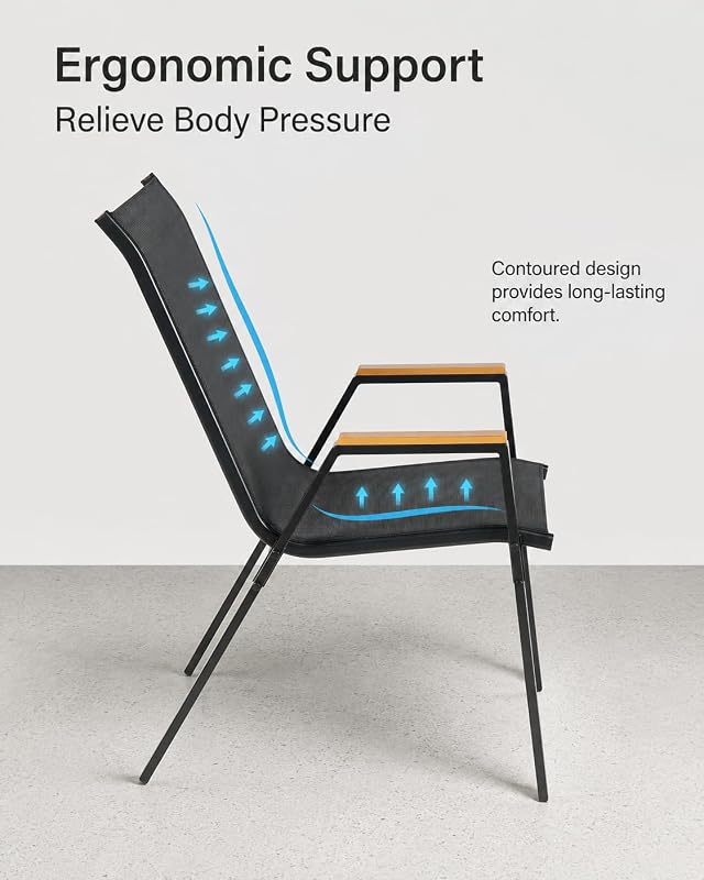 seekees Patio Chairs, Outdoor Chairs Set of 4, Stackable Patio Sling Chairs with Faux Teak Arm Rest, Textilene Fabric, Metal Frame, Wider Seat for Patio, Garden, Backyard and Poolside, Black image 6