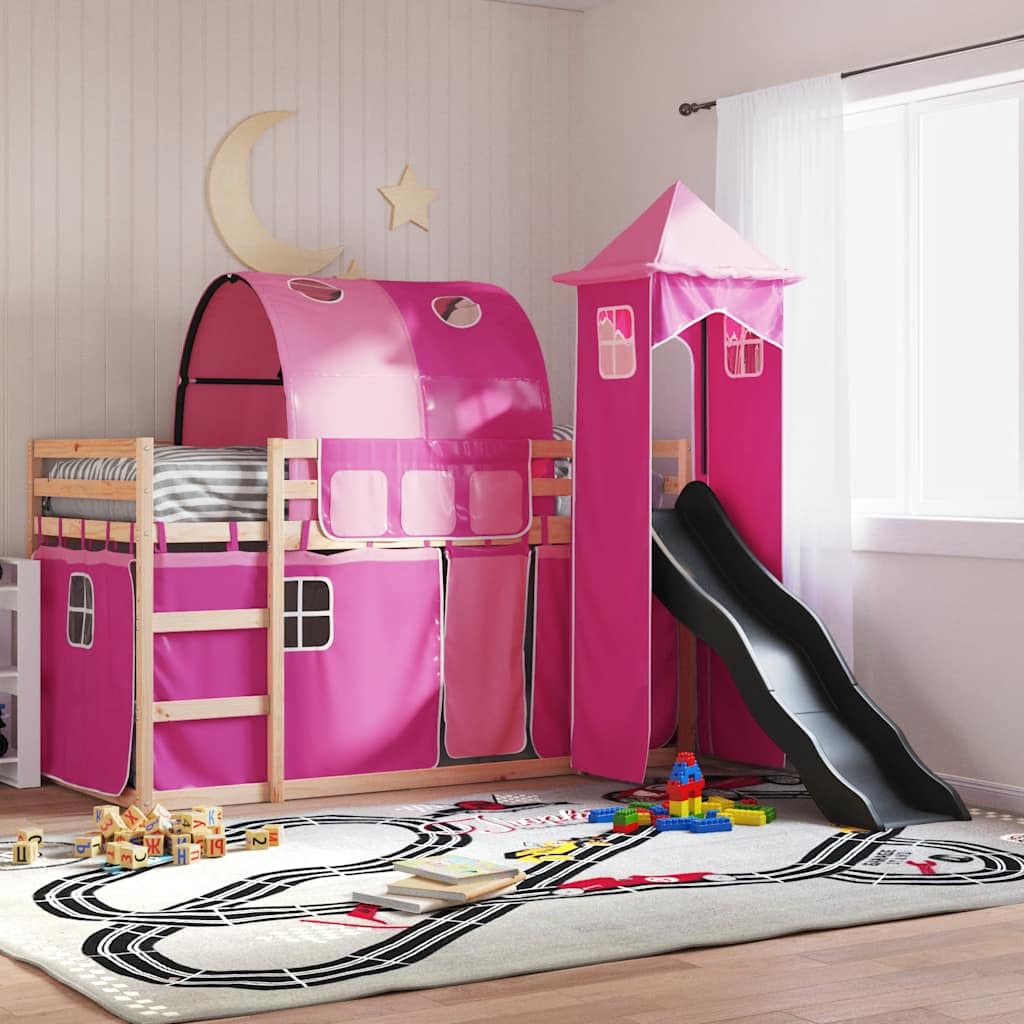 Hochbett mit Rutsche und Vorhängen Rosa 80x200 cm - Kinderbett aus Kiefer-Massivholz mit Leiter Turm Tunnel und Rausfallschutz - Spielbett für Kinderzimmer
