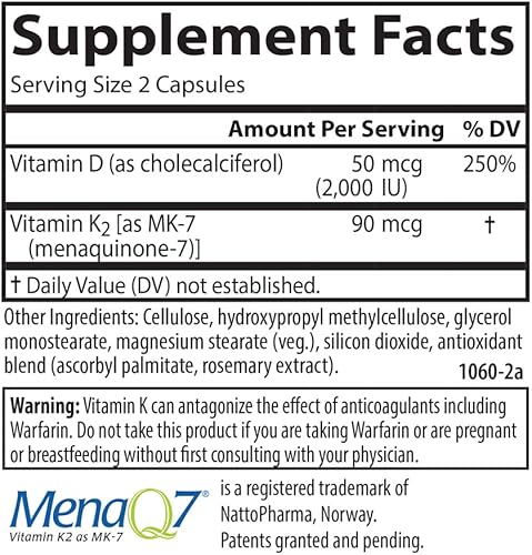 Miniatura 4 de Carlson - Vitamina D3 + K2, 50 mcg (2000 UI) Vitamina D3 y 90 mcg de vitamina K2 como MK7, soporte óseo, absorción de calcio, 60 cápsulas