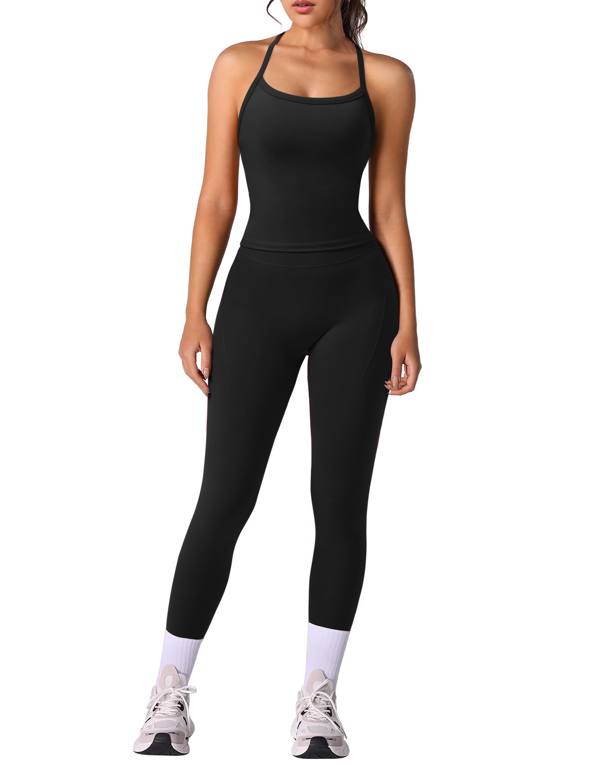 DOULAFASS Tenue de sport dos nu pour femme - Ensemble débardeurs, leggings de gym - Ensemble de deux pièces avec poches