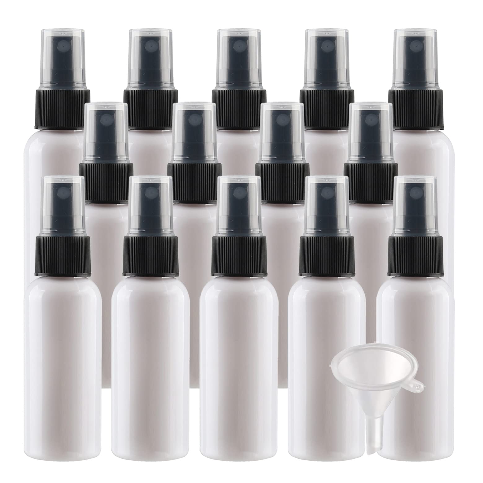 100 Stück Leer 50ml Weiß Plastik PET Sprühflasche Reise Zerstäuber mit Schwarz Sprühkopf, Klein Feinen Nebel Parfümzerstäuber Reiseflaschen mit 4X Trichter