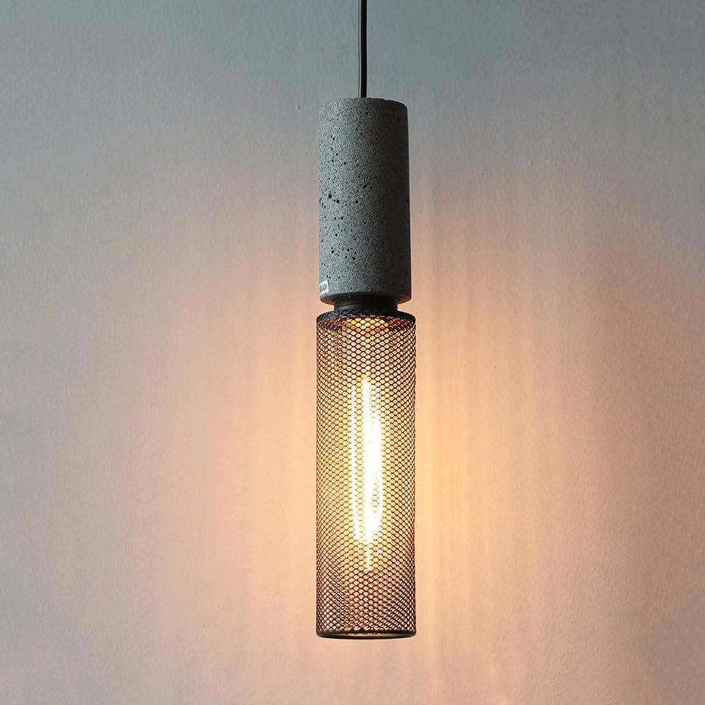 KXEcoLife Concrete Pendant Light with A Metal Mesh Shade, Modern Industrial Hanging Cement Lighting Fixture for Kitchen Island Dinning Room Bedroom Living Bar