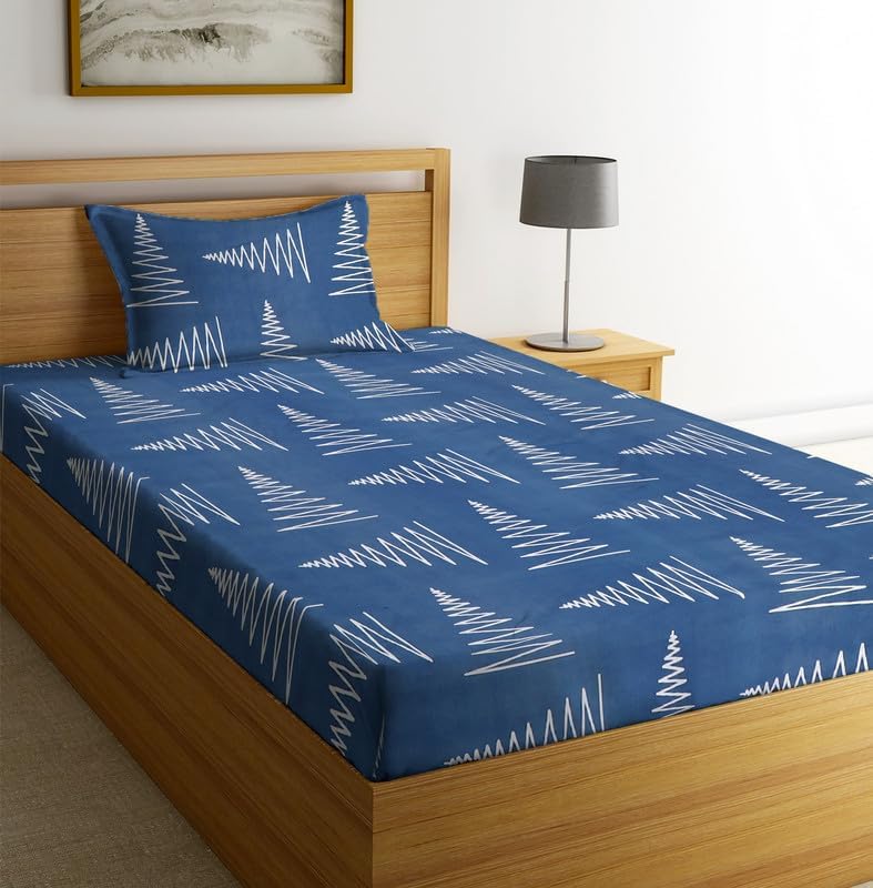 Image of Pure Cotton 220tc Flat Single Printed Bedsheets for Summer Breathable | Wrinklefree (Size-60 X 90 Inch or 228 x 152 cm) with 1 Pillow Covers (Size-17 X 27 Inches, White & Teal Blue)