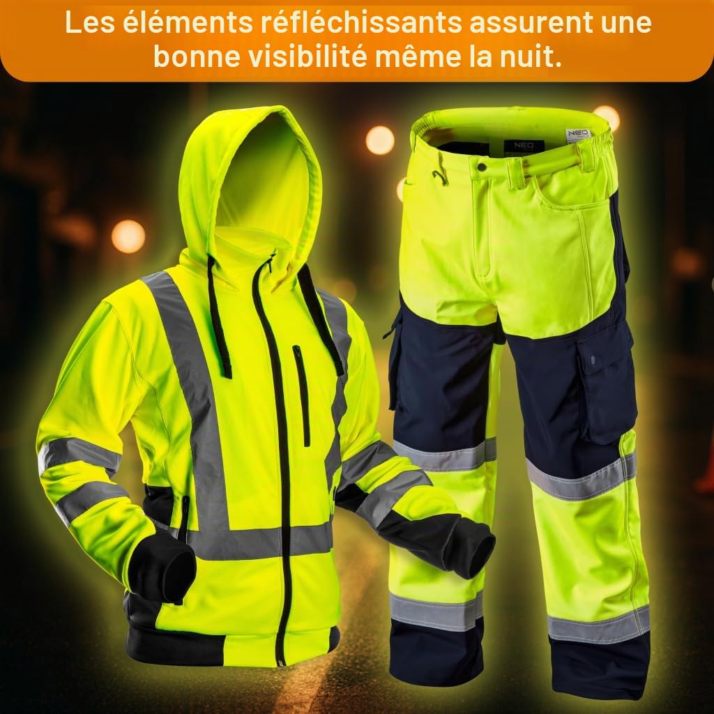 NEO TOOLS Ensemble - Pantalon de Travail Imperméable Haute Visibilité pour Hommes + Veste D'avertissement de Travail Chaude (Orange/Jaune) | Pantalon Softshell avec Doublure Polaire, S-XXL