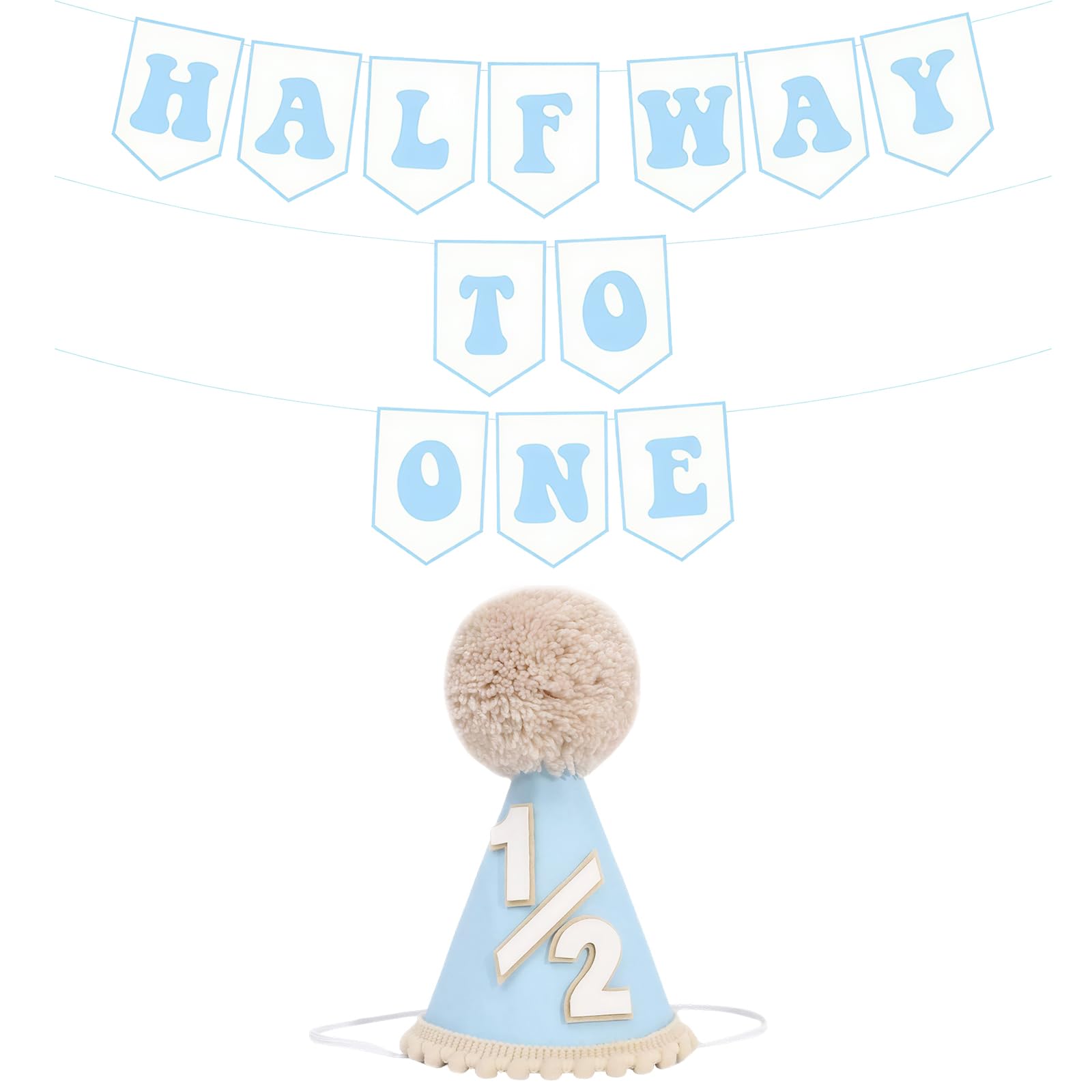 Onperpoe Blue 1/2 Birthday Hat, Half Way to One Banner with Half Birthday Hat for Baby Boys Girls, 6 Months Birthday Decorations Party Photo Props
