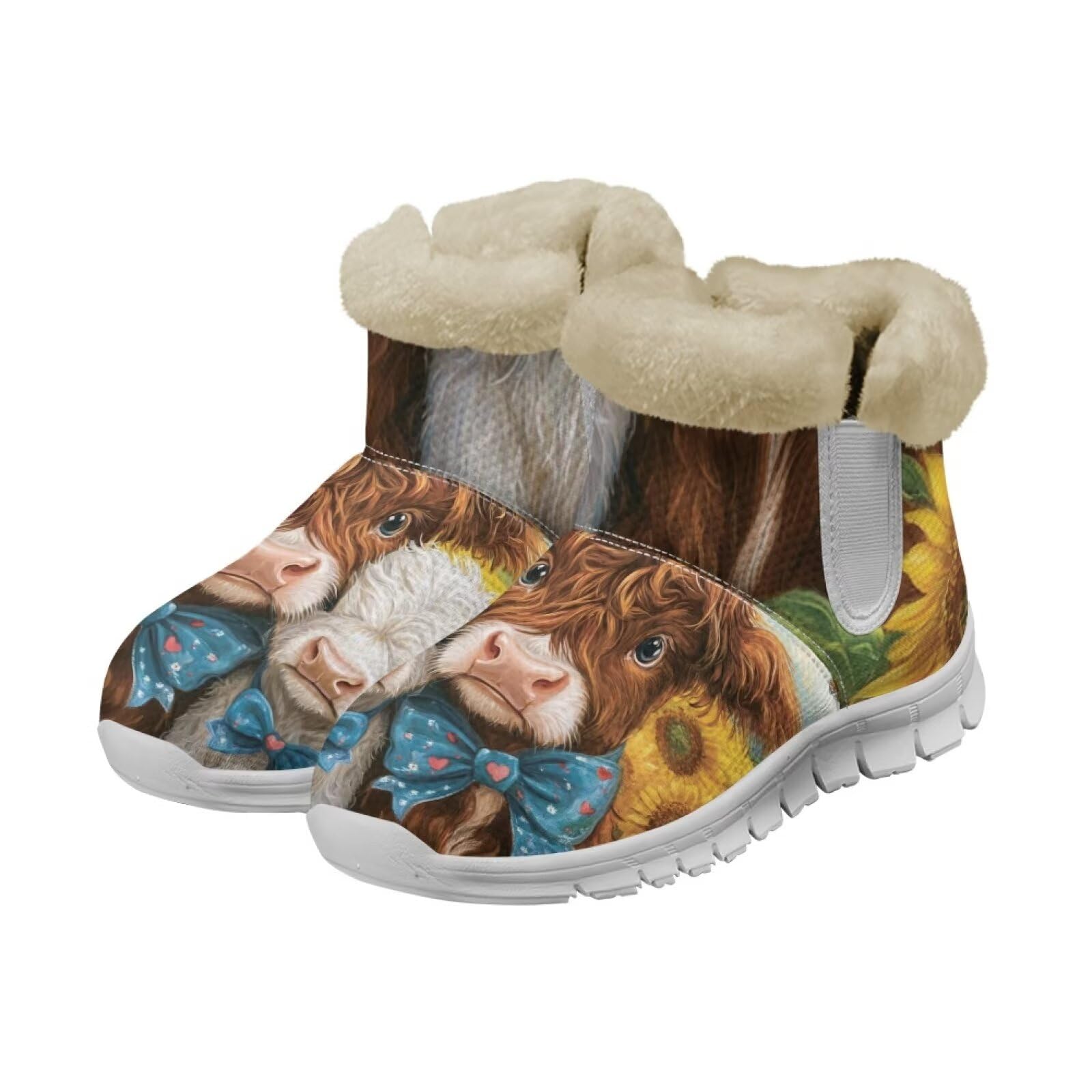 Howilath Cow Print Snow Shoes for Women 2024 Outdoor Vintage Sunflower Anti Slip Shoes with Fur Lined Fashion Fuzzy Slip On Boot Ankle Booties Shoes