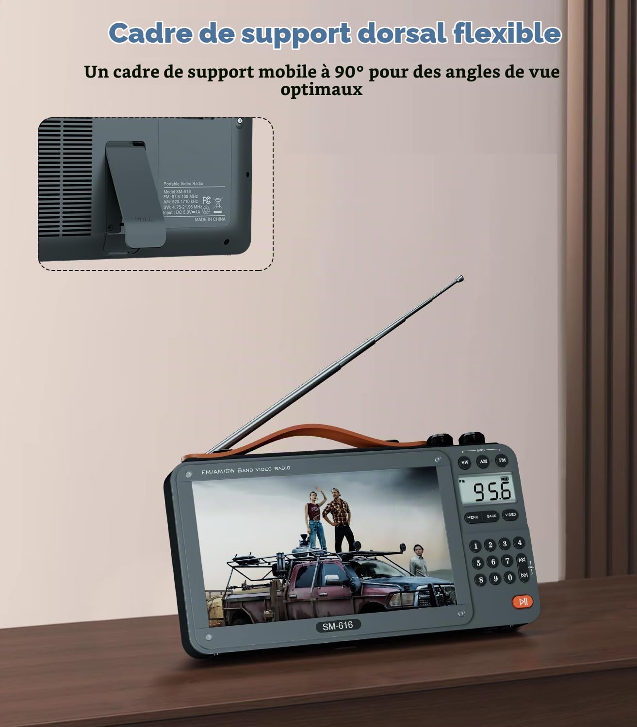 Radio vidéo FM AM 720p avec haut-parleur Bluetooth, radio numérique rechargeable à ondes courtes MP3 MP4, prise en charge USB/carte Micro SD, haut-parleur et prise casque