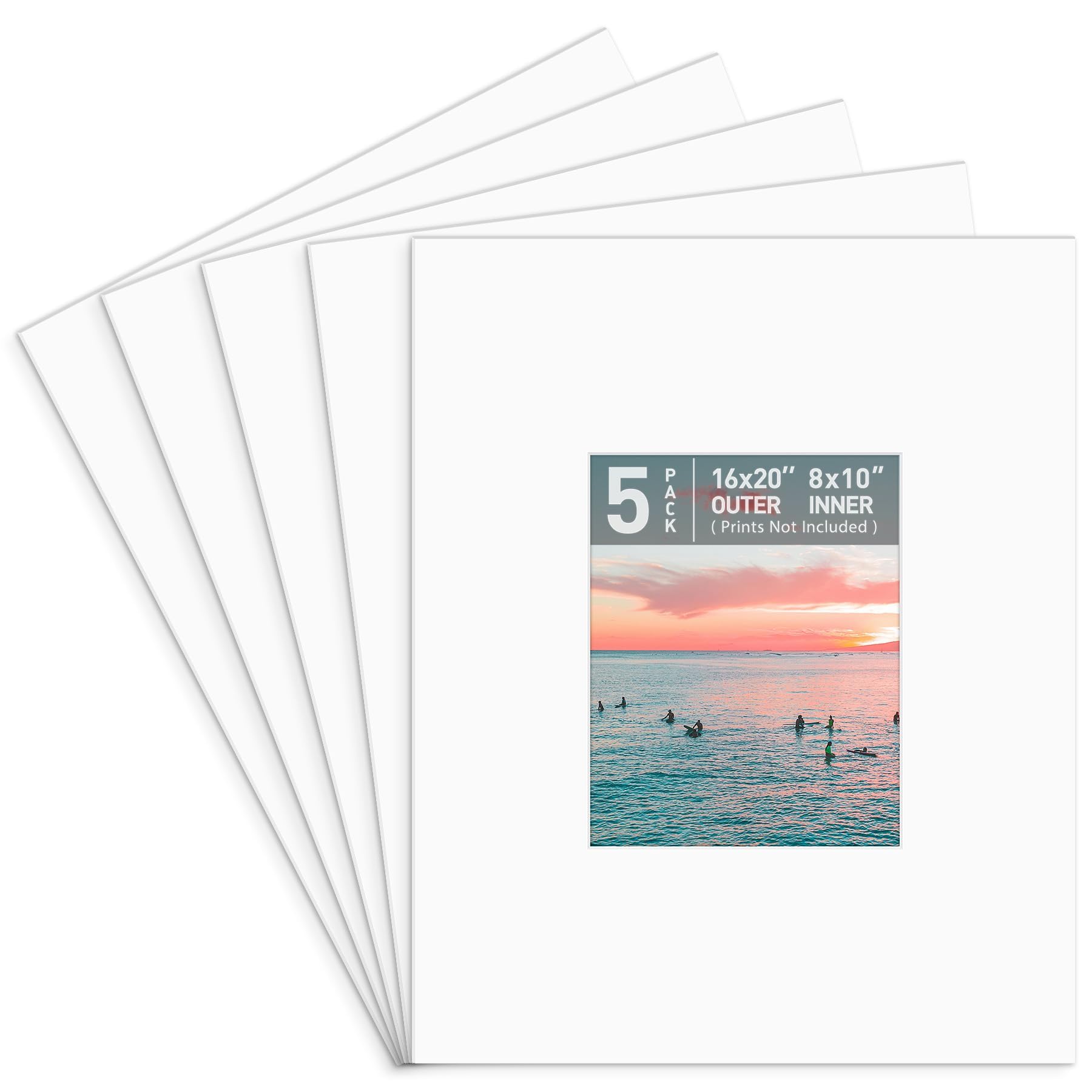 Photo 1 of Golden State Art, Pack of 5, Pre-Cut 16x20 Picture Mats Bevel Edge 7.5x9.5 Opening for 8x10 Photos, White