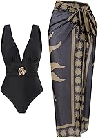 SherryDC Women's Floral One Piece Swimsuit with Sarong Cover Up Skirt - V-Neck Ruched Slimming Bathing Suit