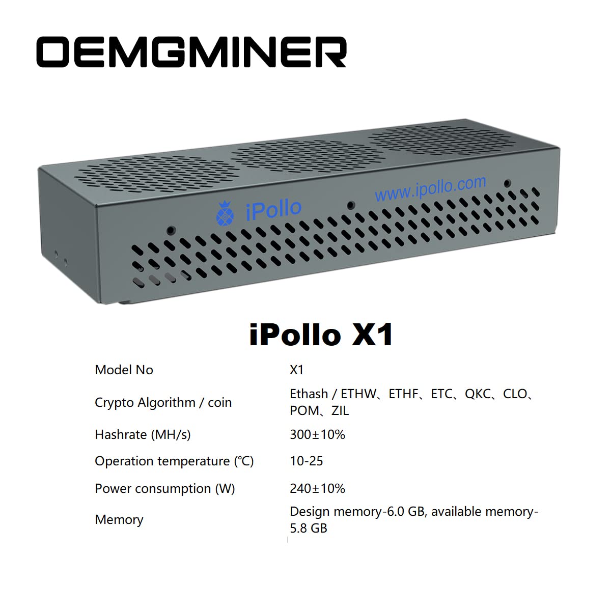 iPollo X1 300MH/s 240W ETHW/ETHF/ETC Miner Memory 6G Pre-Order by June  22nd: Amazon.de