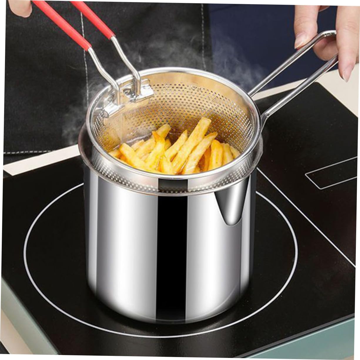 Edelstahl Frittierkorb mit Topf, 1 Satz, Silber, Herd