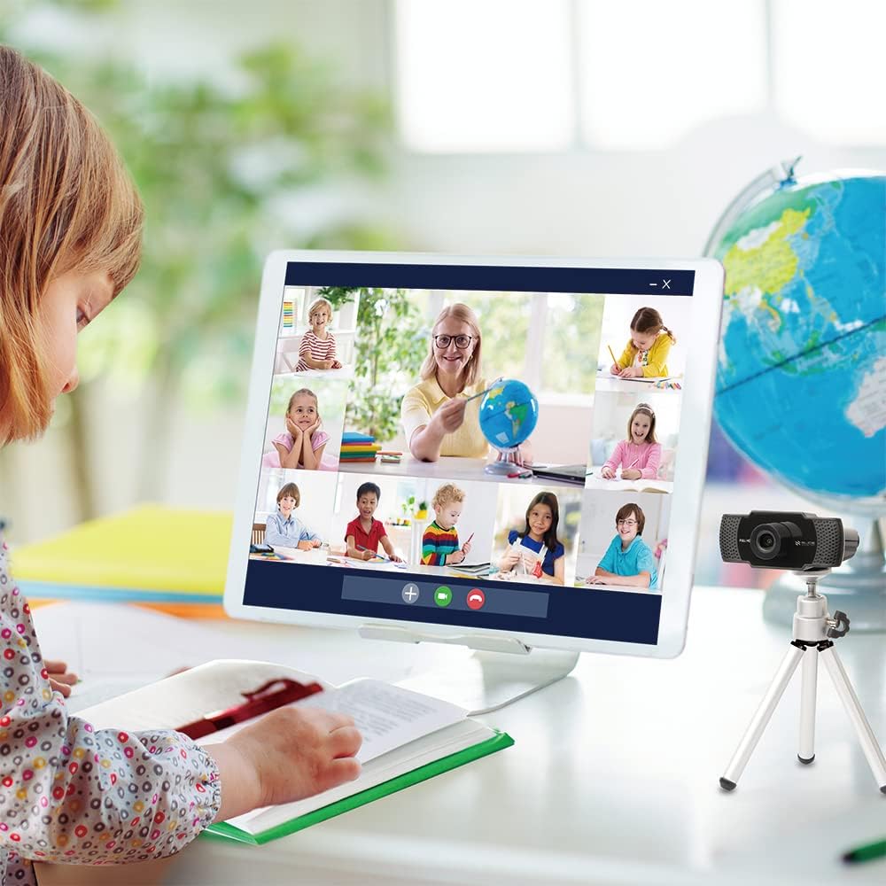 Slide 1080P HD Webcam with Microphone, Computer Camera with 180-Degree Rotation and 62-Degree Field of View, 30 FPS, Light Correction, Easy-Mount Clamp, Includes Mini Tripod and Privacy Lens
