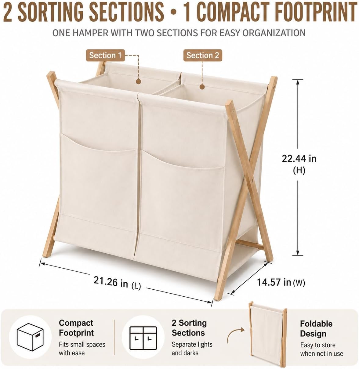 DUMDUM Double Laundry Hamper, 2 Compartments, Bamboo X-Frame, Beige (Upgraded,No Assembly Required, Ready to Use for RV, Dorm, Bedroom and More)