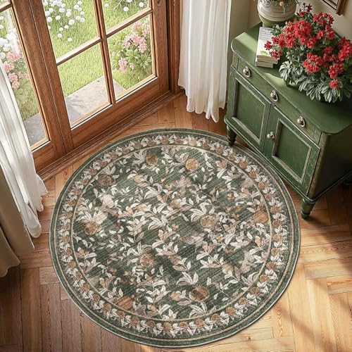 JINCHAN Floral Round Rug 5ft Area Rug Washable Vintage Soft Non-Slip Distressed Orange Green 5' Circle Carpet Accent Rug for Entryway Living Room Dining Room Bedroom Home Office by jinchan - Used condition - CA$58.81
