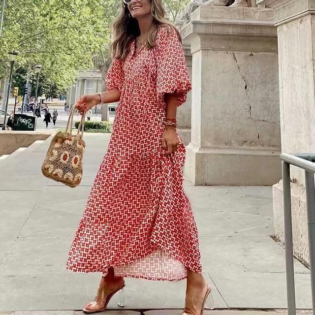 Image of Womens 2024 Casual Boho Maxi Dresses V Neck 3 /4 Puff Sleeve Geometric Pattern Smocked Ruffle Beach Long Sundress (B,Small)