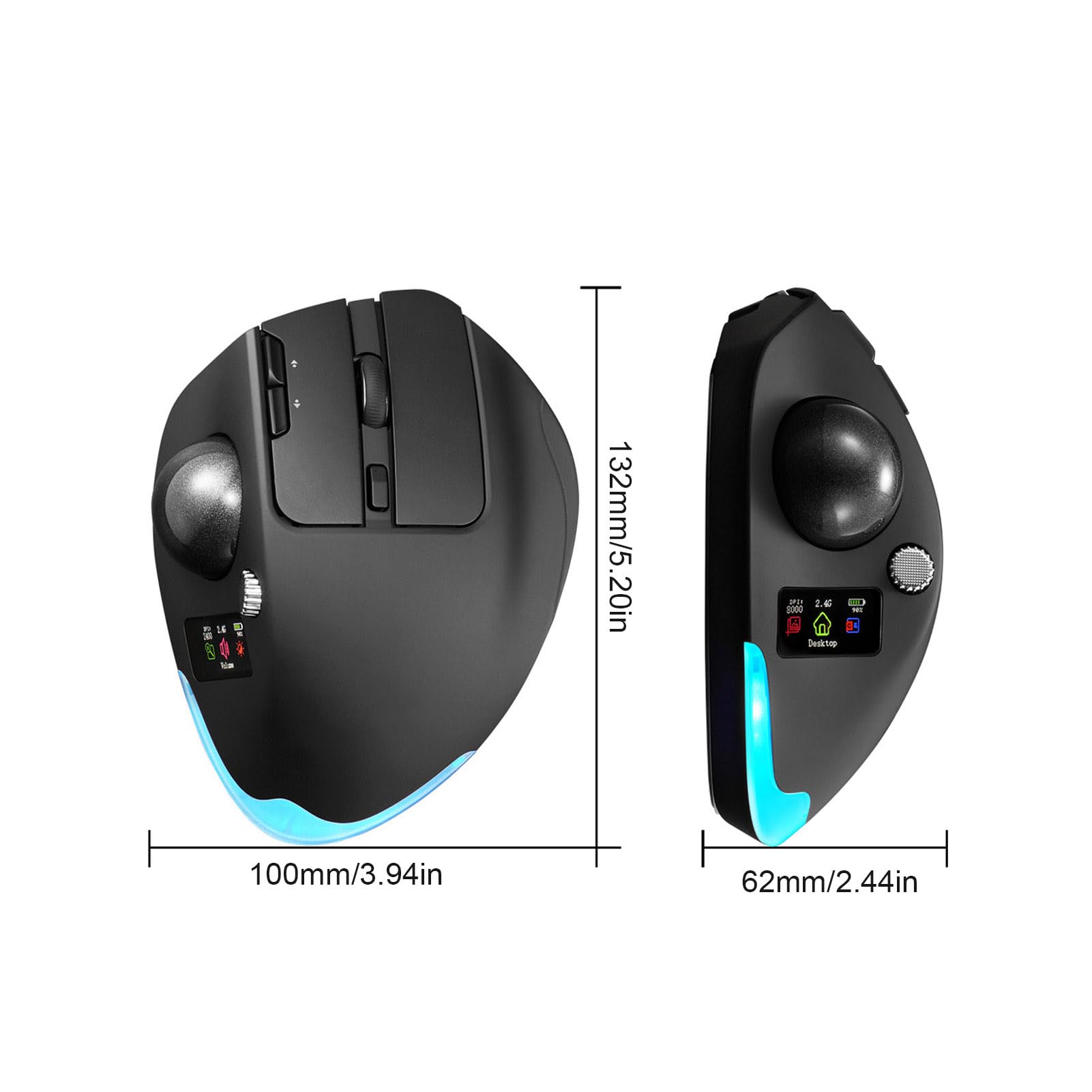 XUMIUZIY Ratón Inalámbrico con Trackball, Mouse Ergonómico, 8000 dpi, 8 Botones, Pantalla LCD a Color, for Oficina y Uso Diario (Black)