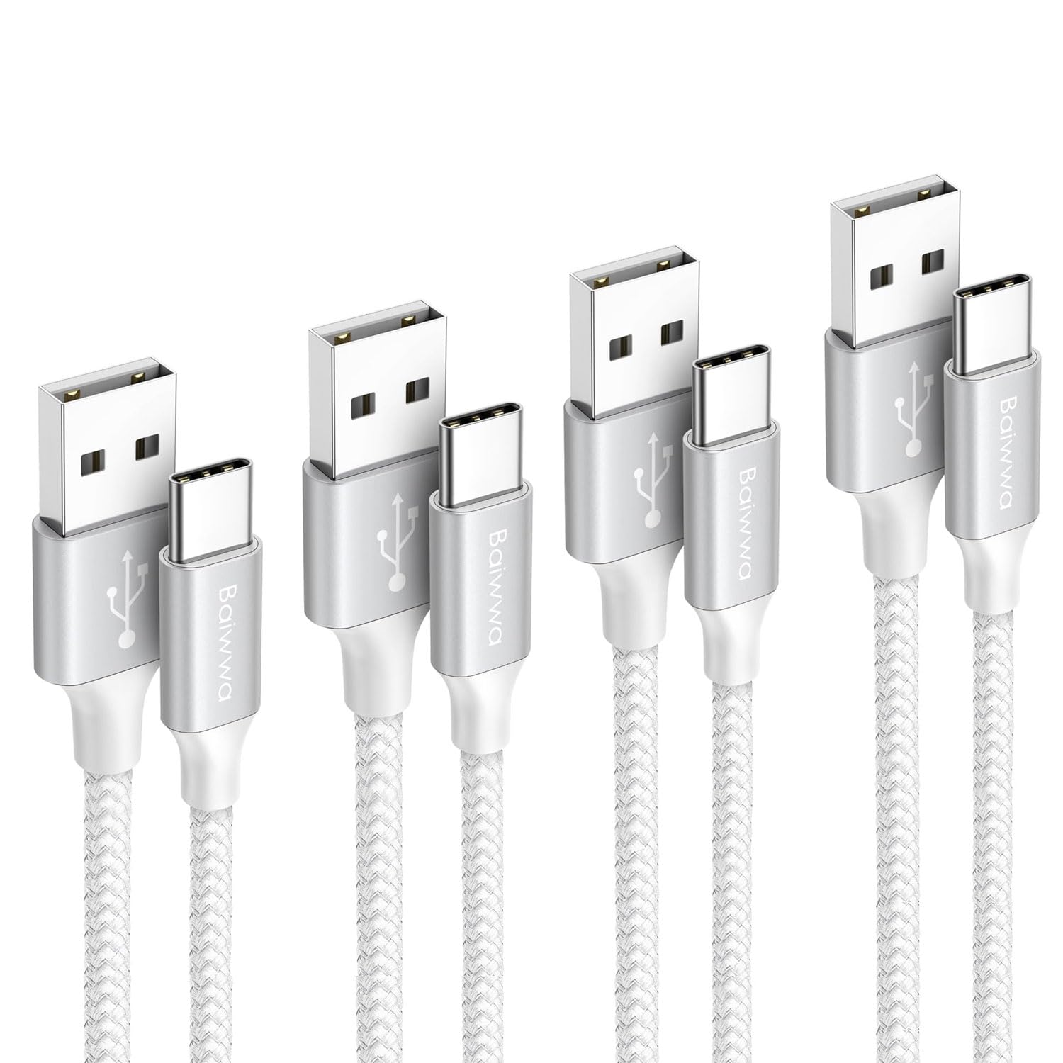 Baiwwa Cavo USB Type-C [4Pezzi/ 0,3+1+1,5+3 Metri], Cavo USB-A USB-C Ricarica Rapida per iPhone 16 15, per Samsung Galaxy S24 S23 Plus, Tab S8, Pixel, Redmi -Bianco