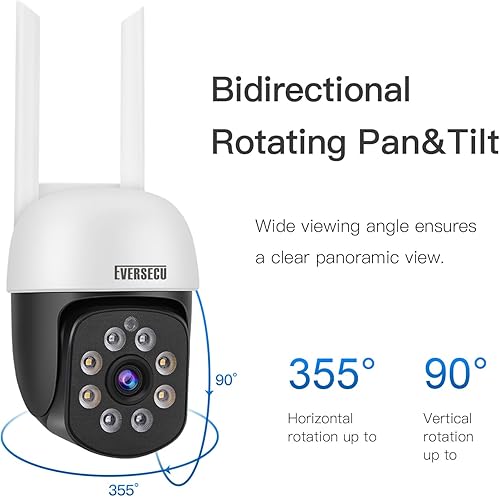 Miniatura 4 de EVERSECU Cámara de seguridad PTZ WiFi para exteriores de 2K 3.0MP, WiFi de 2.4G, seguimiento automático, audio de 2 vías, visión nocturna puntual,