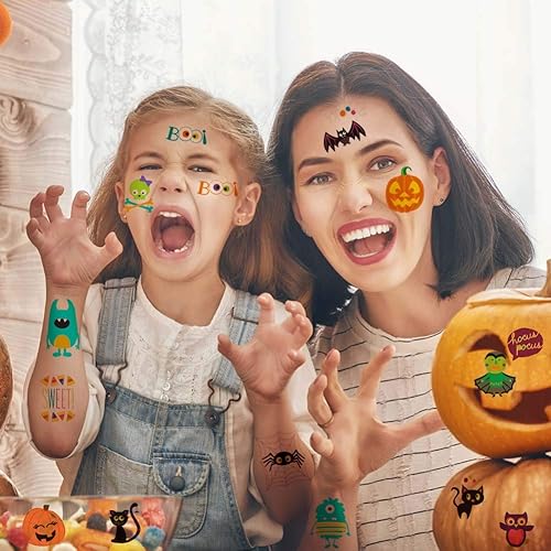 Miniatura 5 de 144 tatuajes temporales de Halloween para niños, 72 diseños lindos coloridos, impermeables, calcomanías de tatuaje de calabaza de dibujos animados