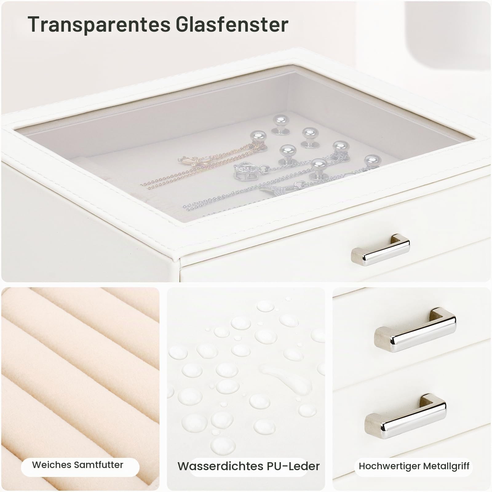 DesignSter Schmuckkästchen, Schmuckschatulle für Damen, PU Schmuckbox mit 4 Seitlichen Schubladen, Schmuckaufbewahrung für Ohrringe, Halsketten, Ringe, Armbänder, Uhren, Beige