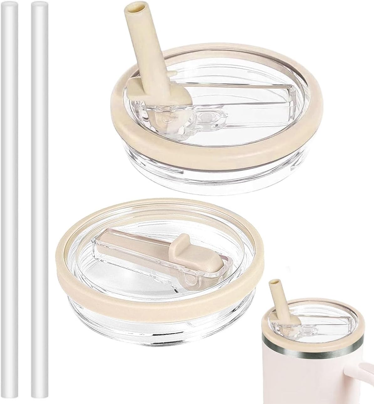 40 OZ Tumbler Lid Replacement Compatible with Stanley Quencher, Leakproof Flip Straw Lids, Spill Proof Top Cover Compatible for Stanley Cup Accessories, 2 Pack, Cream