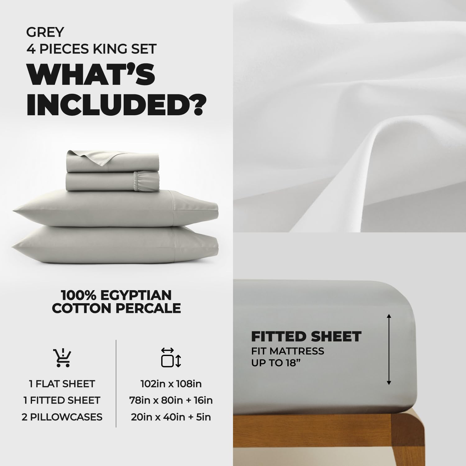 TLB 100% Egyptian Cotton Percale Sheets King Size - Luxurious 400 Thread Count - Crisp, Breathable, Skin-Friendly, Acne Free - Unfavourable for Bacterial Growth - Oeko-TEX Certified (Gray, King )