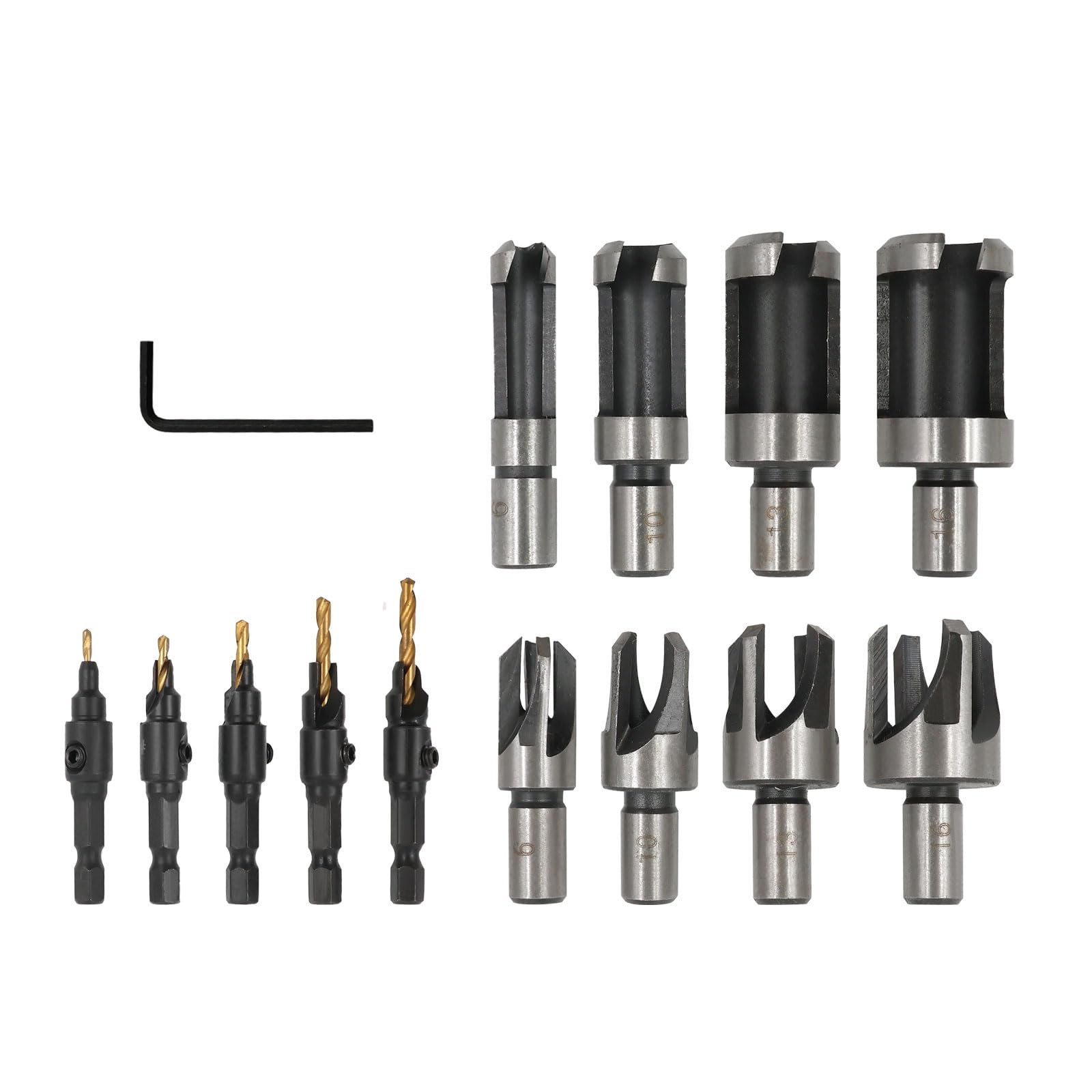 Bohaner 14Pcs Wood Drill Bits and 8 Plug Cutters with L-Wrench (5*Countersink Drill Bits+ 8*Wood Plug Cutters)