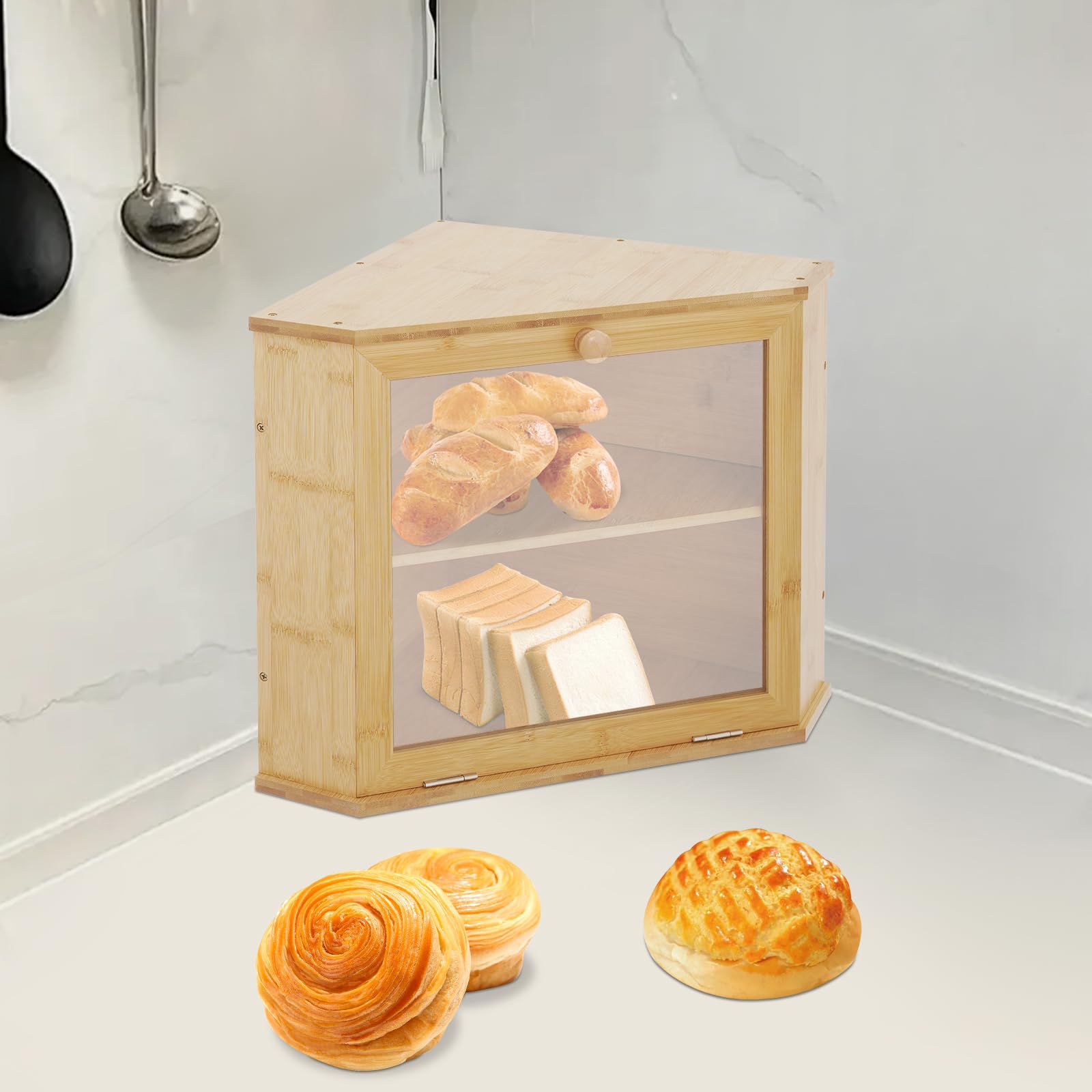 Dwuwarstwowy chlebak, trójkątny design, na blat kuchenny, bambusowy pojemnik na chleb z magnetycznymi drzwiami i okienkiem, wodoodporny i odporny na pleśń, na chleb, muffinki (kolor drewna)