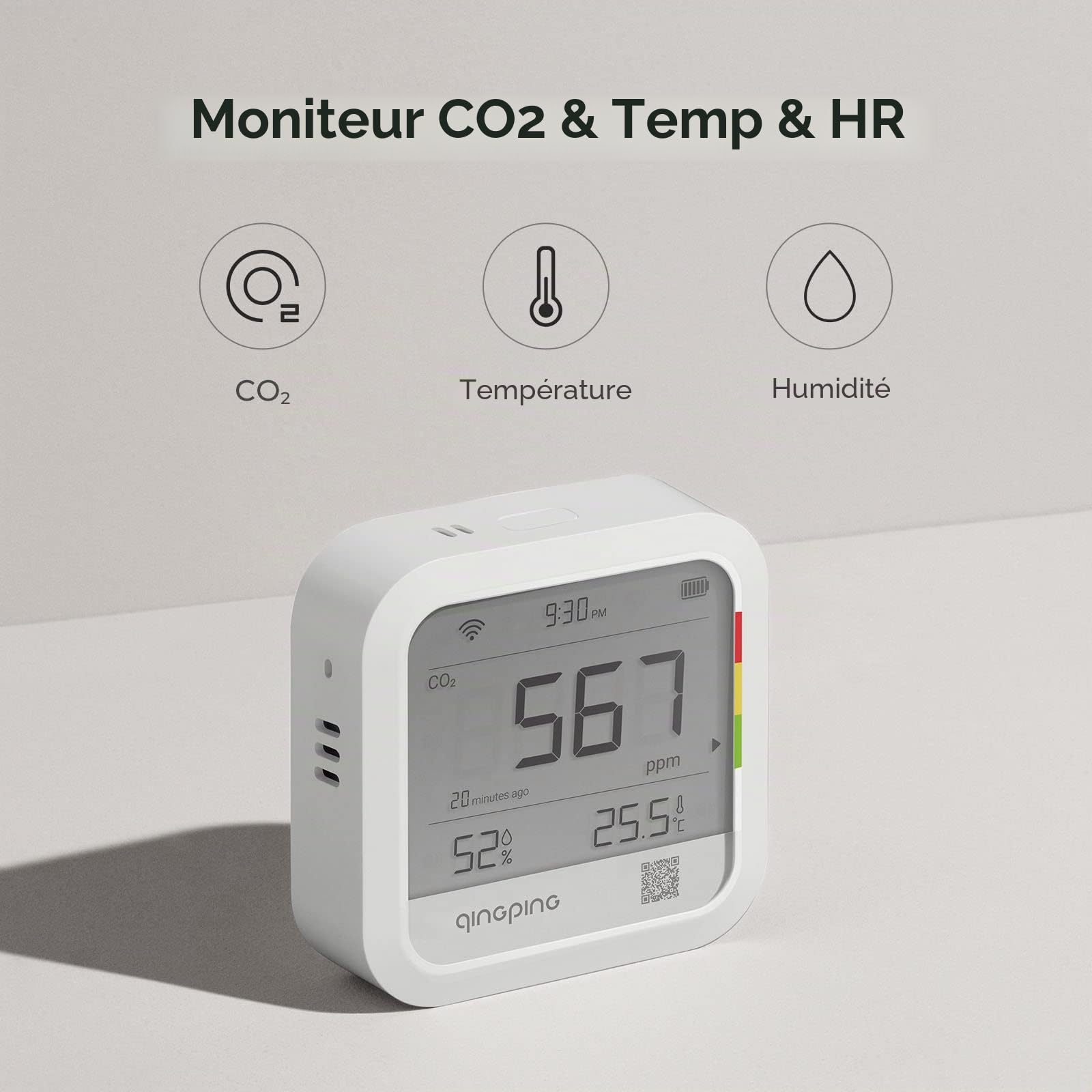 Qingping Thermomètre hygromètre détecteur de CO2, surveillance à distance via Qingping IoT, moniteur de température et d'humidité pour différents scénarios, notification d'alerte rapide