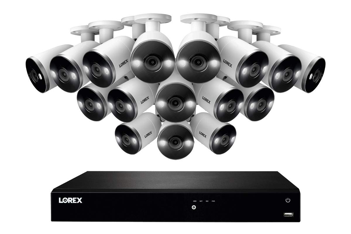 Lorex N4K3SD-1616WB 4K Smart Deterrence 16 Channel Surveillance System w/ N862A63B 4K 3TB Fusion NVR and 16 E892AB 4K Smart Deterrence Bullet Cameras