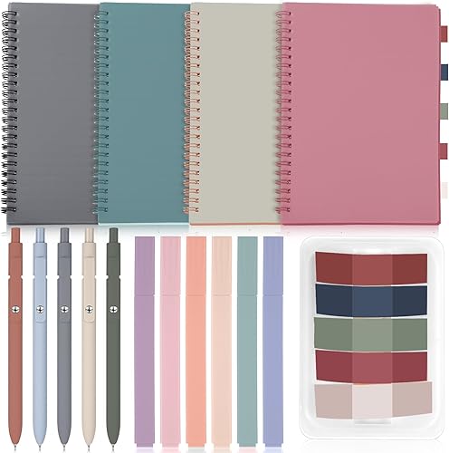 Miniatura 1 de Honoson 16 cuadernos kawaii con forro A5, incluye 4 cuadernos de espiral coloridos, 5 bolígrafos de gel retráctiles, 6 resaltadores estéticos