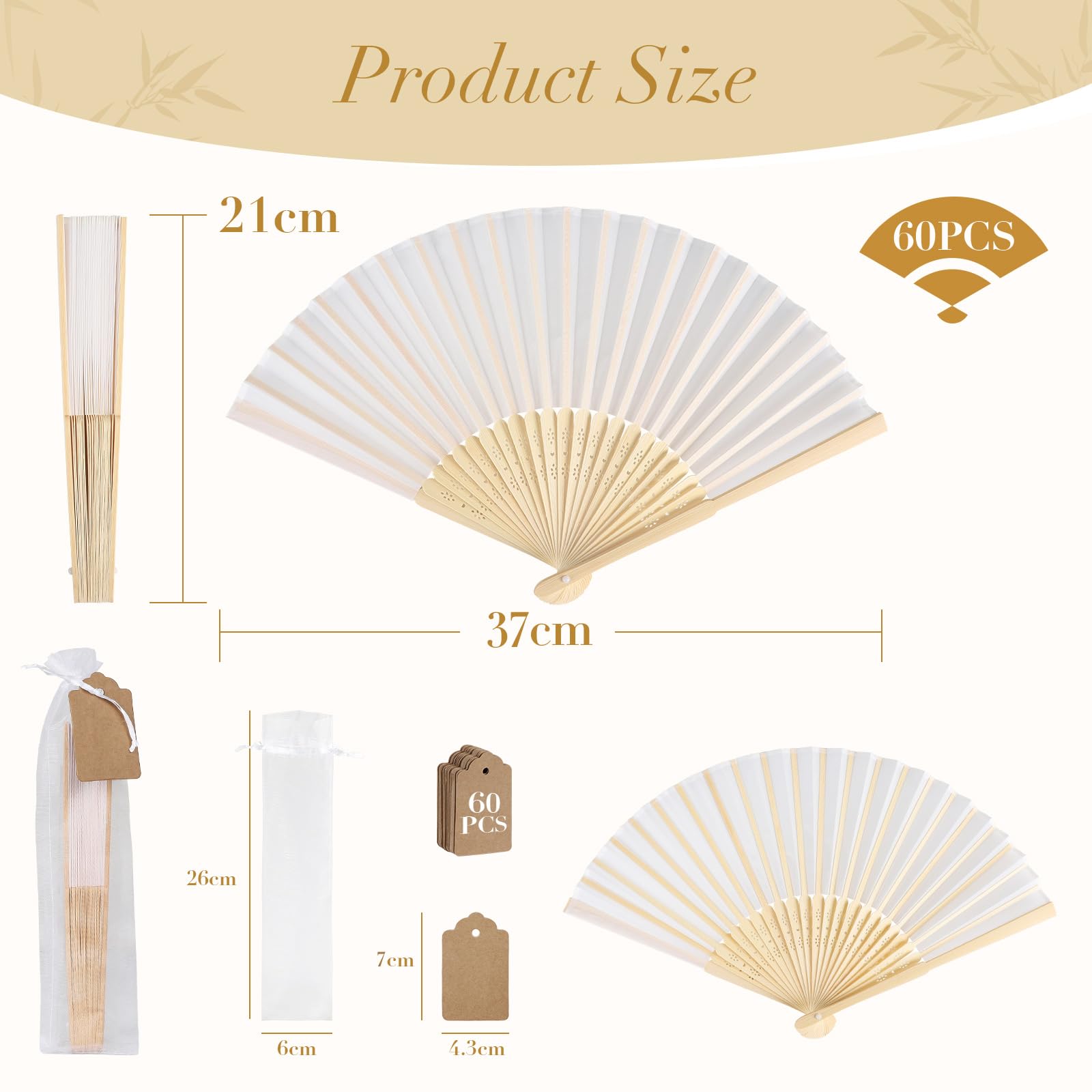 SWAWIS 60 Piezas Abanicos de Tela Blanco, Abanico Plegable con 60 Bolsas de Organza y Tarjetas de Agradecimiento, Ventiladores de Bambú para Bodas Bautizos Decoraciones Fiestas DIY