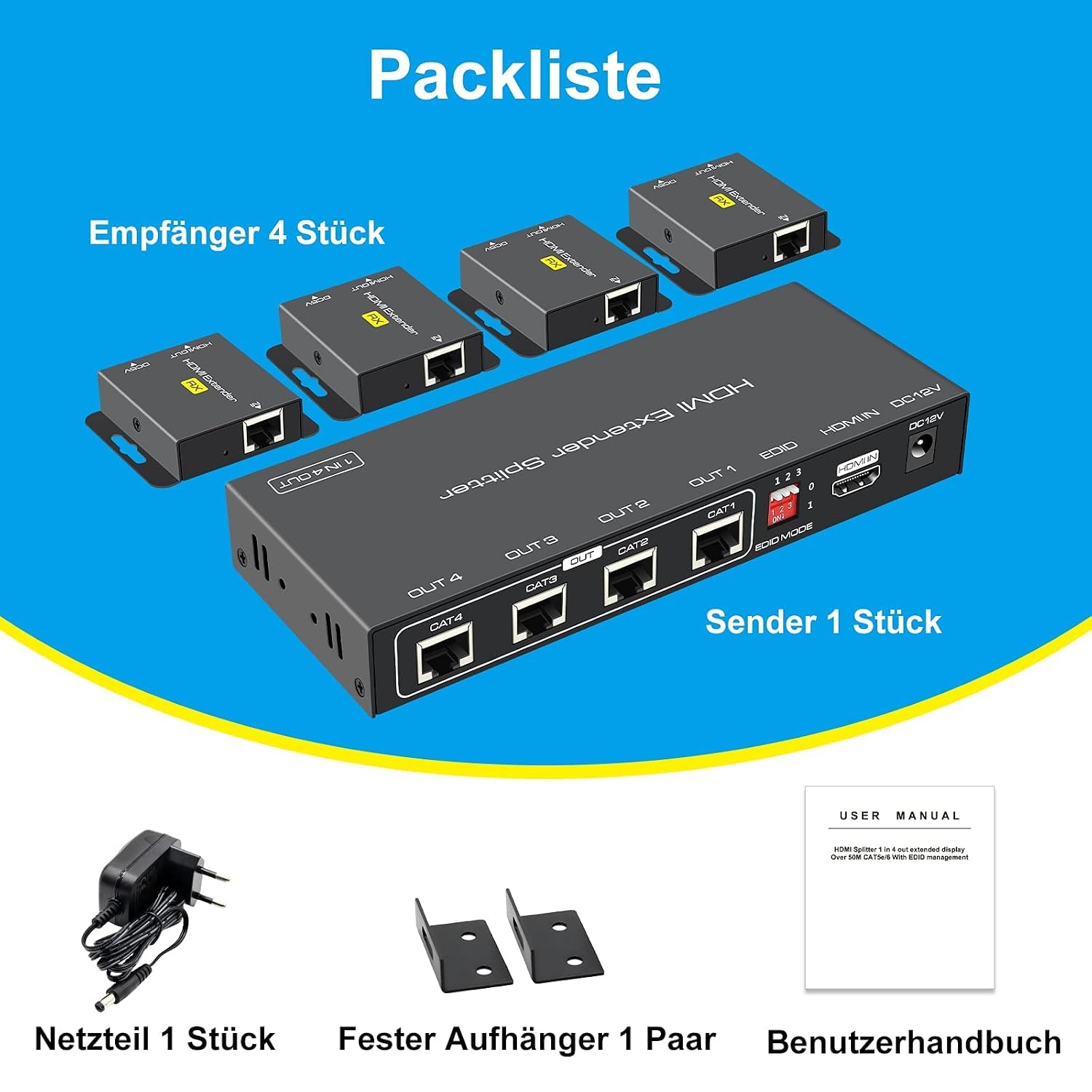 VPFET HDMI Extender Splitter über Cat5e 6 165ft 1 In 4 Out Übertragung Balun Ethernet Unterstützt 1080p HDCP EDID POC Eine Stromversorgung für die Arbeit mit