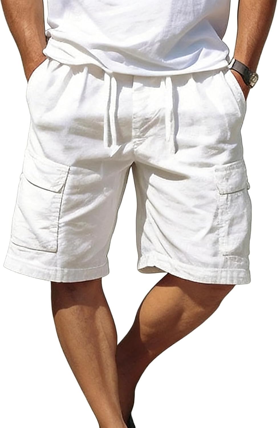 Mens Casual Linen Shorts 7 inch Elastic Waist Drawstring Shorts Summer Beach Vacation Short Solid Color Short with Pocket