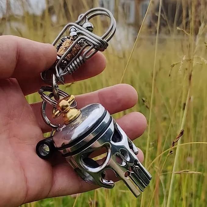 Piston Art Keychain, Piston Skull Keychain Made from Motorcycle Piston, Skeleton Engine Model Keyring, Alloy Key Chain Ring, Flashlight & Bottle Opener, Skull for Men