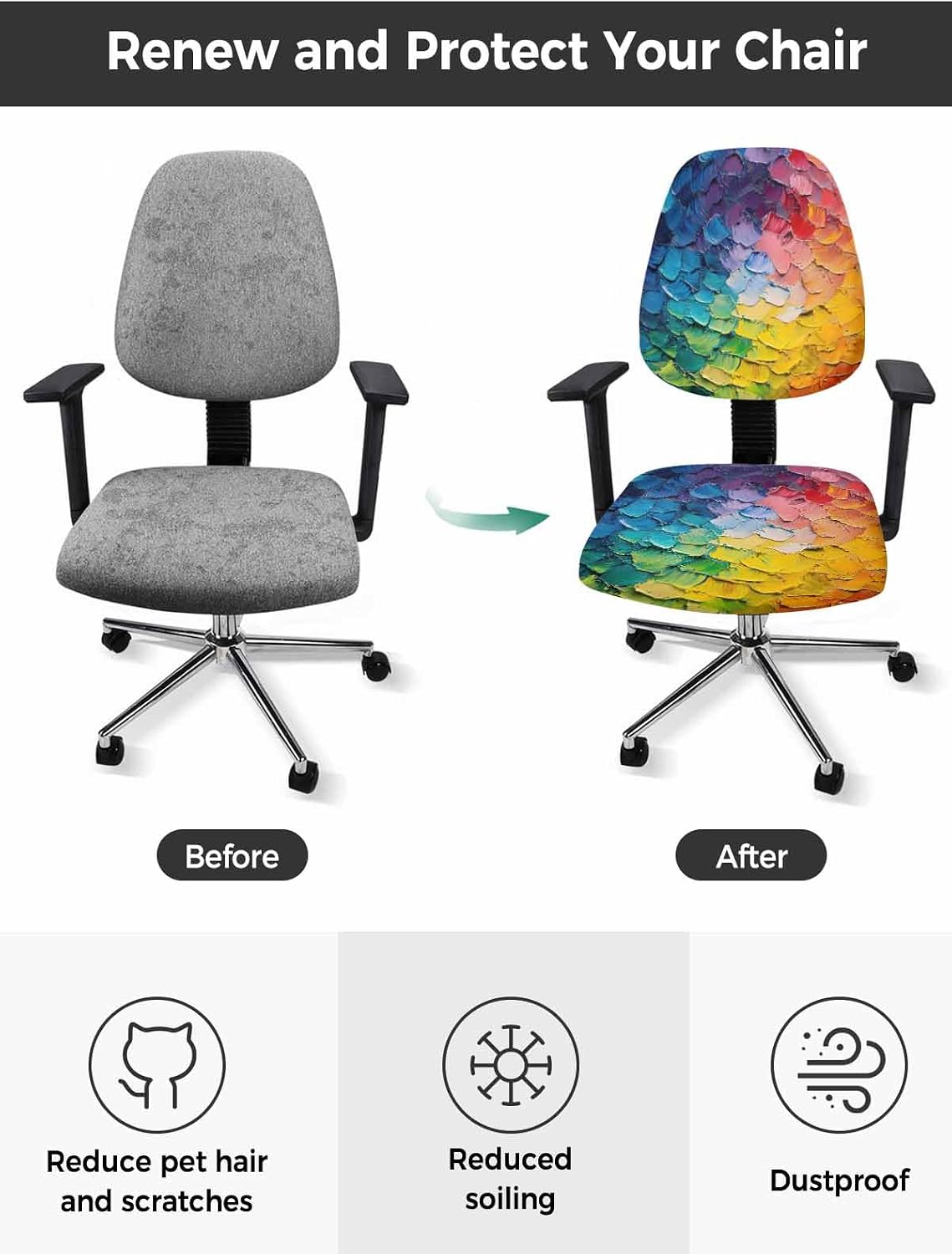 Colorful Oil Painting Office Chair Cover 2 Piece, Brushstrokes Abstract Art Modern Stretch Elastic Computer Desk Rotating Chair Seat Back Covers, Stretchable Chair Slipcover Protectors Cover image 2