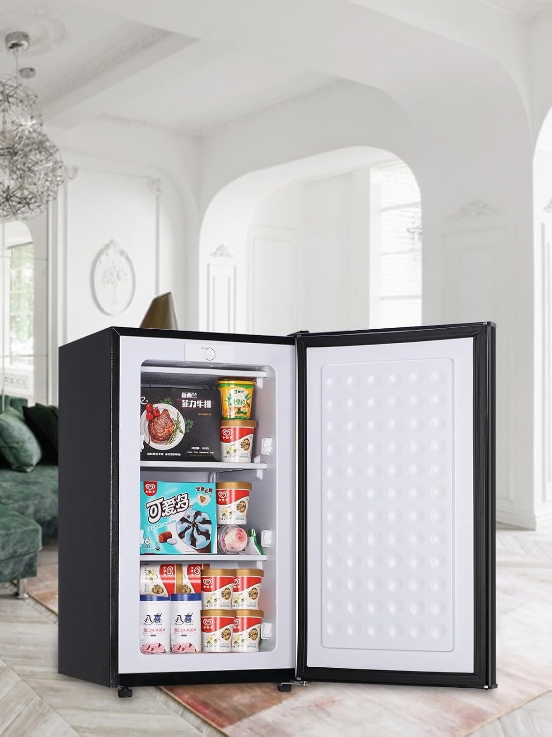 3.2 Cu.ft Upright Freezer with 3-Grade Temperature Control, KRIB BLING Mini Freezer with Wire Shelves, Suitable for Basement, Office, Black