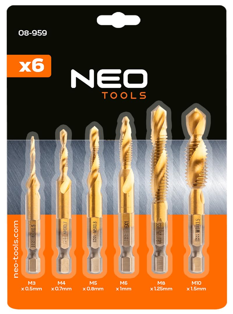 NEO TOOLS Gwintownik HSS powłoka TiN HEX 1/4" dla profesjonalistów i majsterkowiczów Maksymalna prędkość obrotowa: 1000 obr./min, jednoczesne wiercenie i gwintowanie