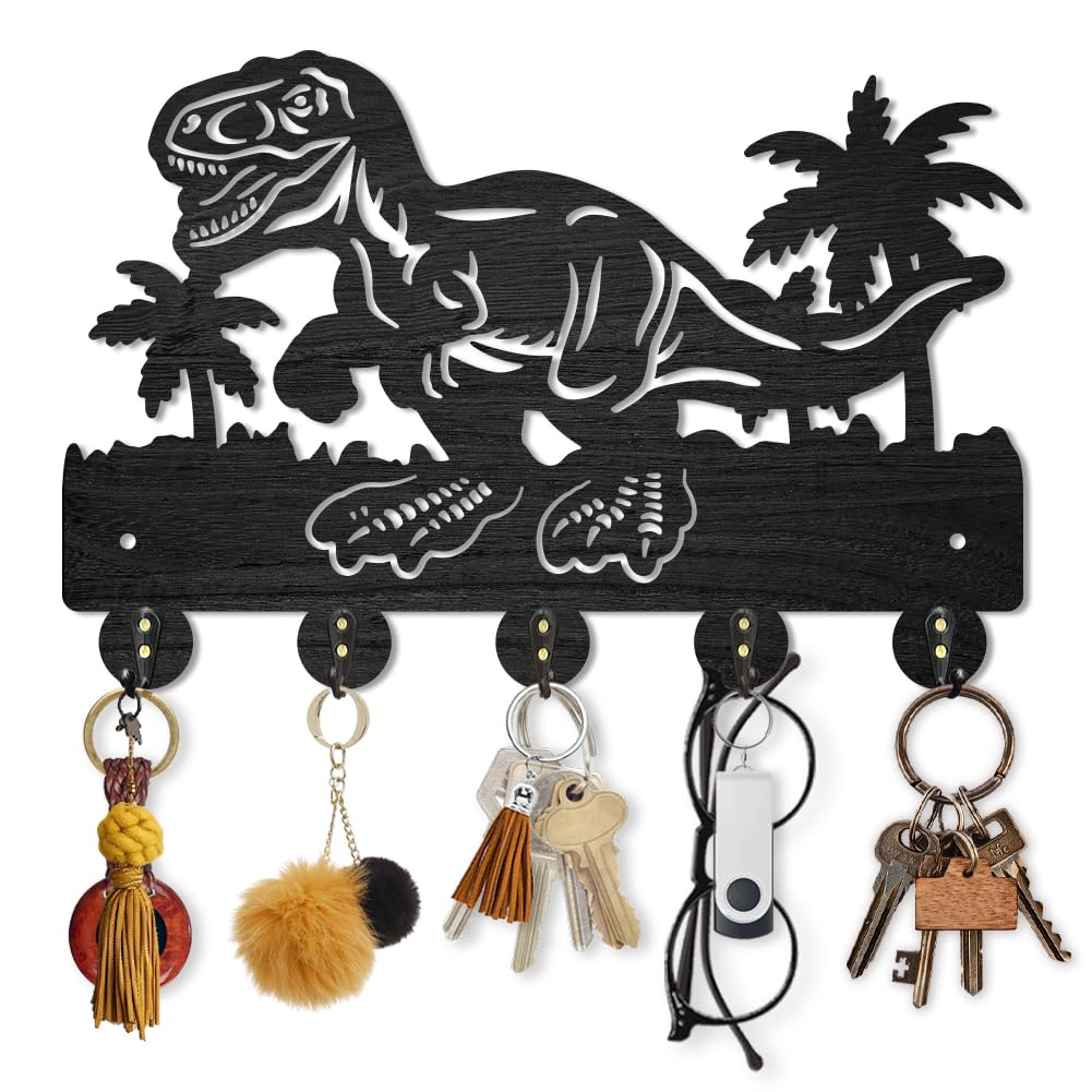MAYJOYDIY Dinosaur Wall Mount Key Hanger, 30x20 cm, 5 Alloy Hooks, Wood Key Holder with Palm Tree Design for Gift Entryway