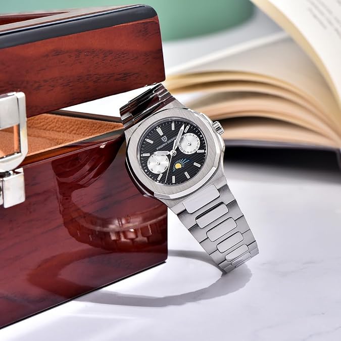 Quartz Women's Watches Luxury Stainless Steel Waterproof Wrist Watch for Women, Ladies Wristwatch, Synthetic Sapphire, Auto Date, Moon Phase, Week Display