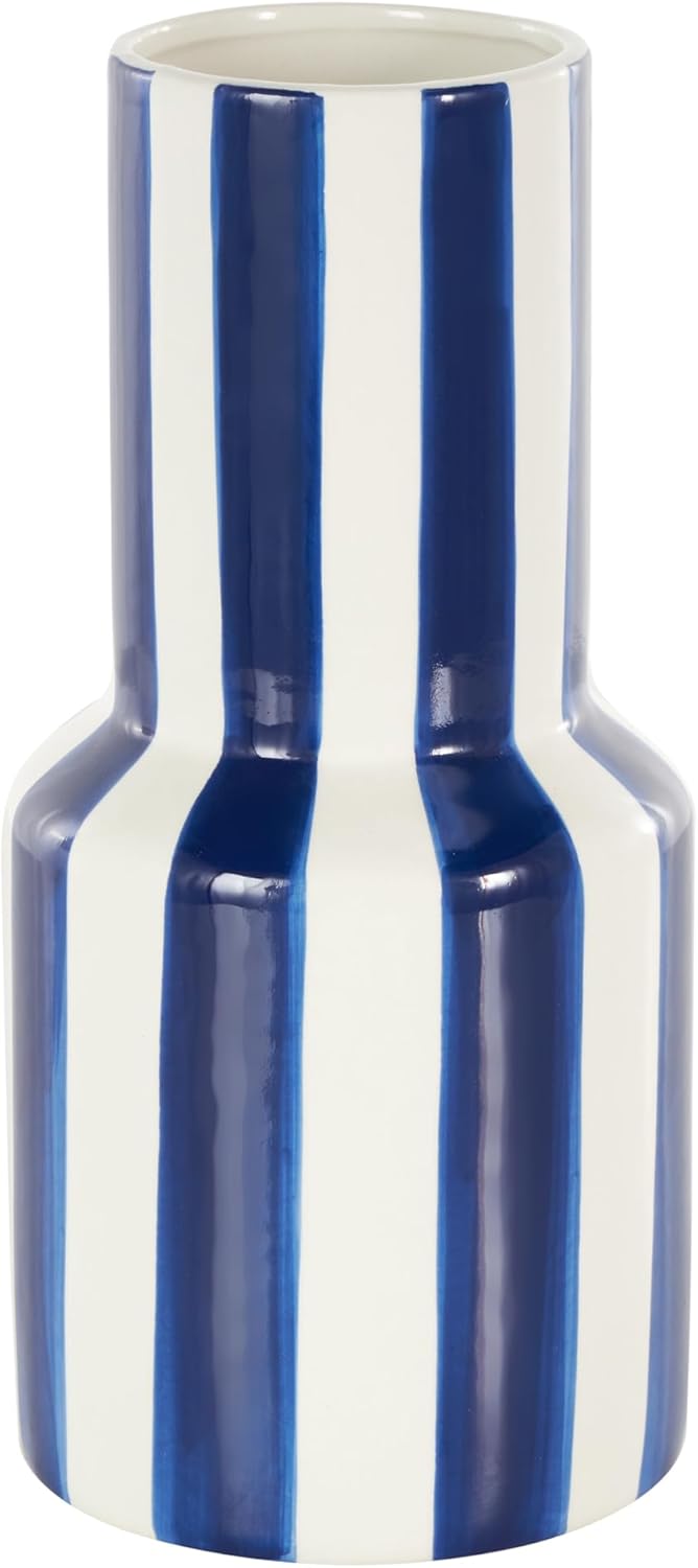 Deco 79 Ceramic Decorative Vase Round Centerpiece Vase with Blue Vertical Stripes, Flower Vase for Home Decoration 5" x 5" x 11", White - Image 3