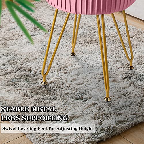 Ecomex Velvet Round Storage Ottoman With Metal Legs, Removable Tray Cover, Upholstered Pleated Round Ottoman With Storage Round Footstool Makeup Vanity Stool For Home Living Room Bedroom, Pink #TOP3