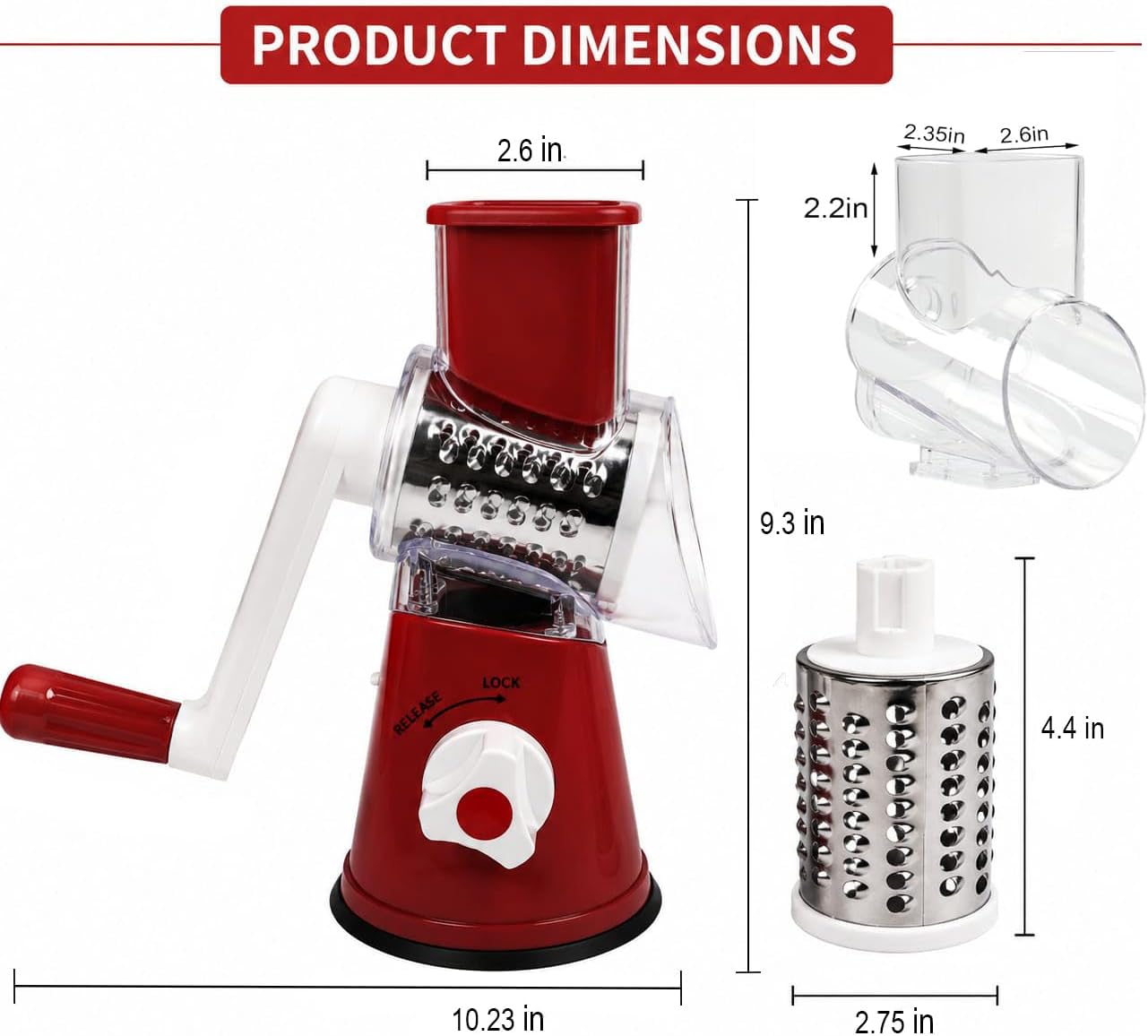 Rotary Cheese Grater Hand Crank, Cheese Shredder with 3 Interchangeable Stainless Steel Blades, Vegetable Slicer with Strong Suction Base, Food Grater for Cheese, Potato, Carrot