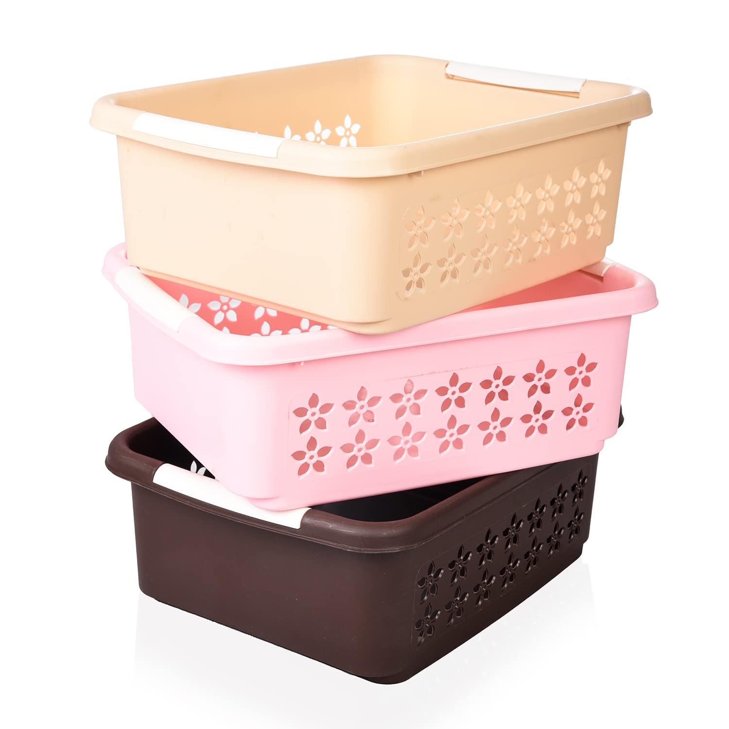 Kuber Industries Multipurpose Rectangle Shape Plastic Storage Basket for Kitchen, Fruit Basket, Office Table, Storage Organizer Small Pack of 3 (Brown, Beige, Pink) (B0BBLZK8HH) Amazon Price History, Amazon Price Tracker