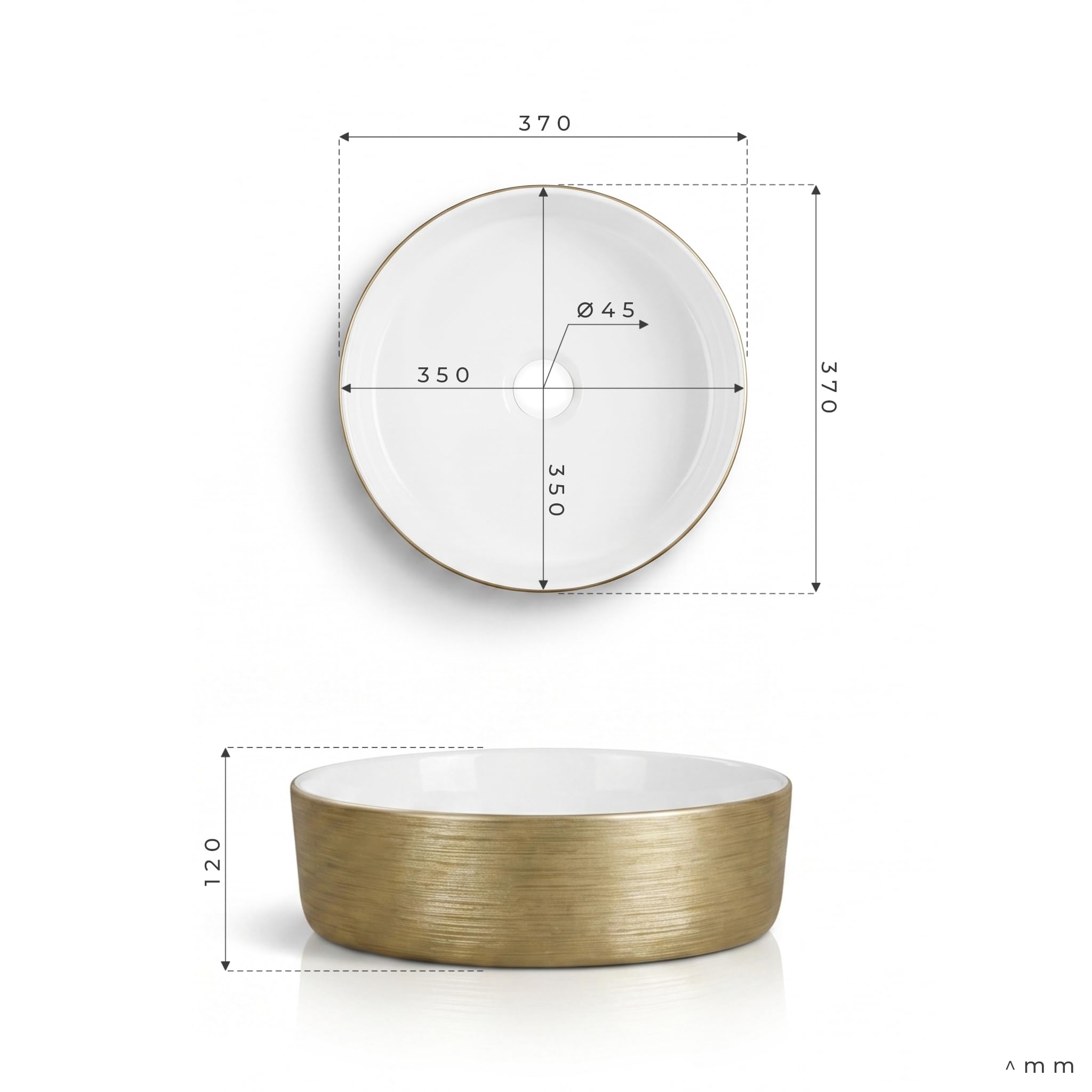 LAVITA Aufsatzwaschtisch Merida Brushed Gold Aufsatzwaschbecken Rund Waschbecken Ohne Überlauf und Hahnloch Aus hochwertigem Porzellan Waschtisch modernes Badkeramik Waschplatz 37x37x12 cm Weiß/Gold