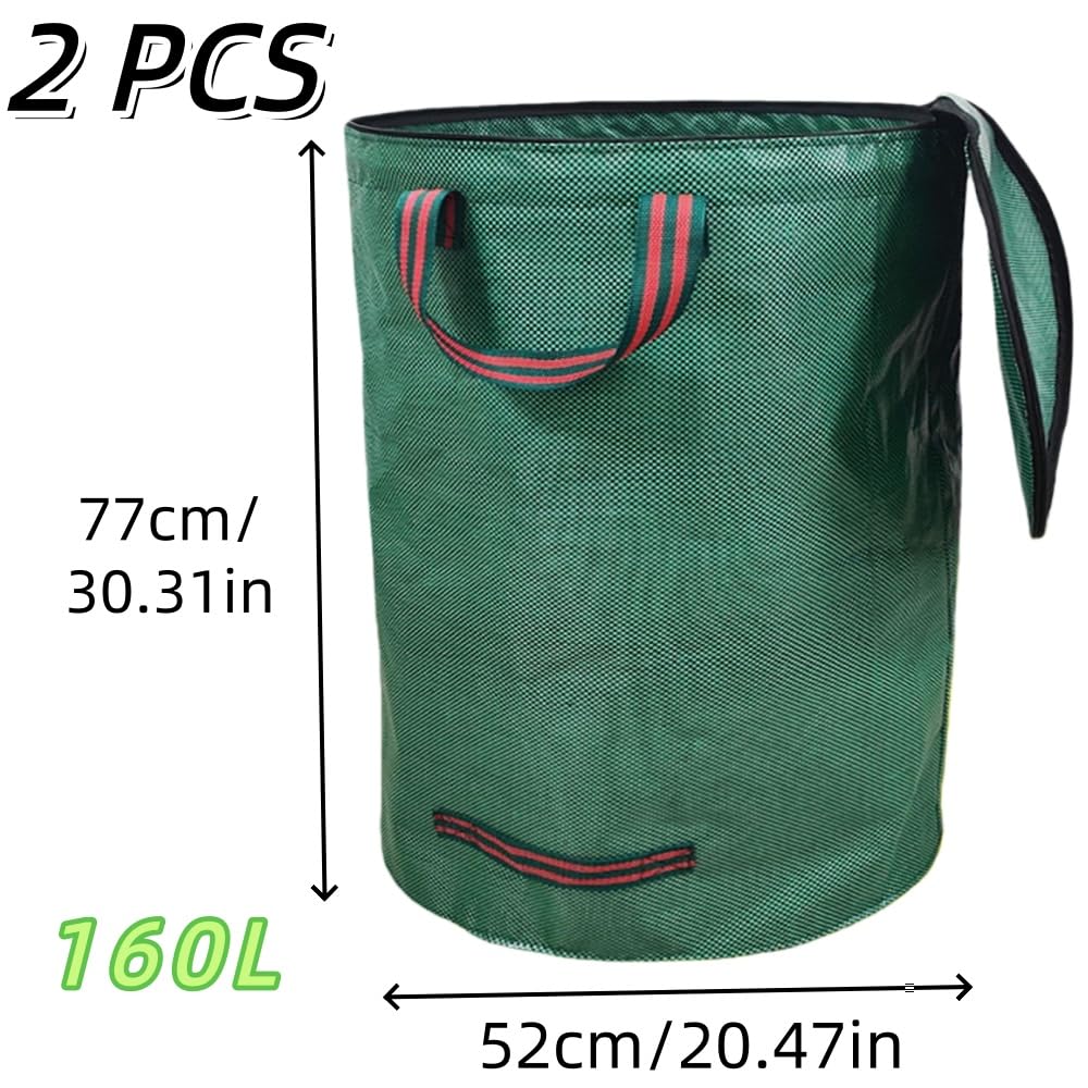 2 Sacchi Giardinaggio 160L con Coperchio a Zip, Pieghevoli con 4 Maniglie Antistrappo, Riutilizzabili e Impermeabili per Raccogliere Foglie, Erba e Rifiuti da Giardino