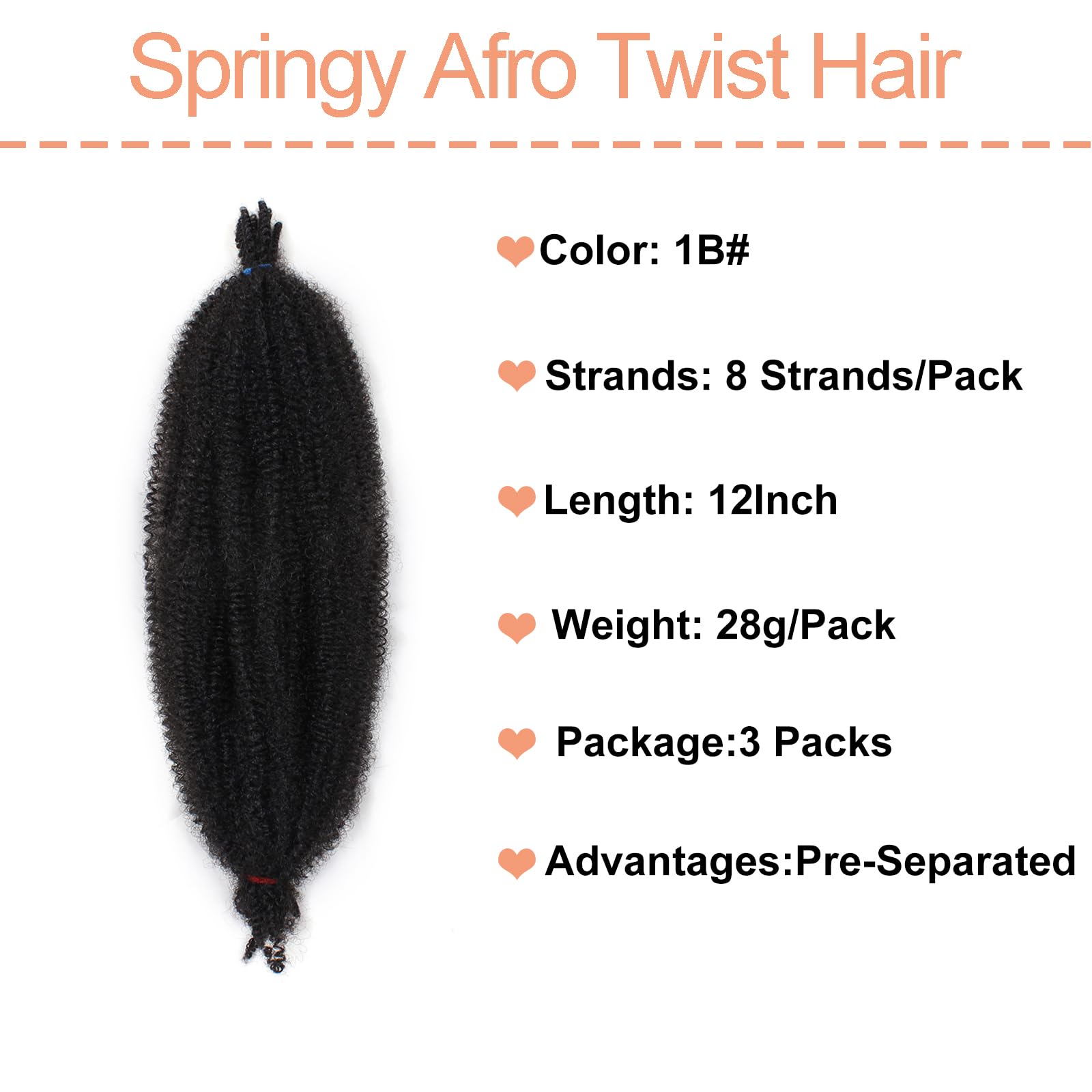 Mscat 12 Inch 3 Packs Pre-Separated Springy Afro Twist Hair for Black Marley Twist Crochet Braiding Synthetic Hair Extensions (8 Strands/Pack,1B#) - Image 2
