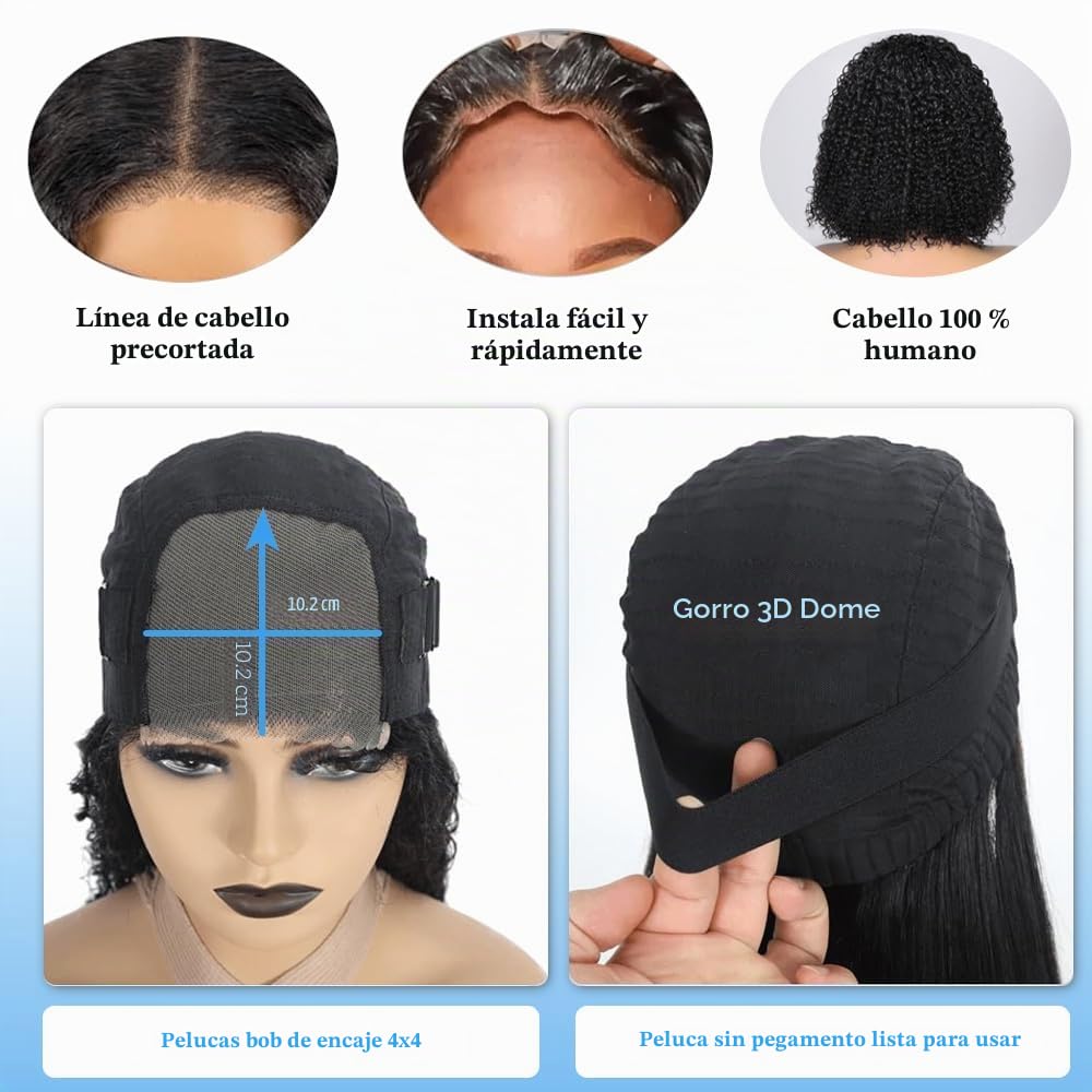 Peluca Bob Lace 4x4 Glueless Deep Curly Lace Bob Wigs Wear and Go Brazilian Pelucas Cortas para Mujer Pre Cut Human Hair Wig Pelucas de Cabello Humano Pre Plucked 10 Pulgada Natural Black